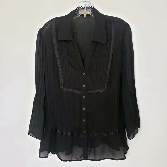 Notations Tops - Notations Women's Black Semi Sheer Button Down Bell Sleeve Shirt Top Blouse